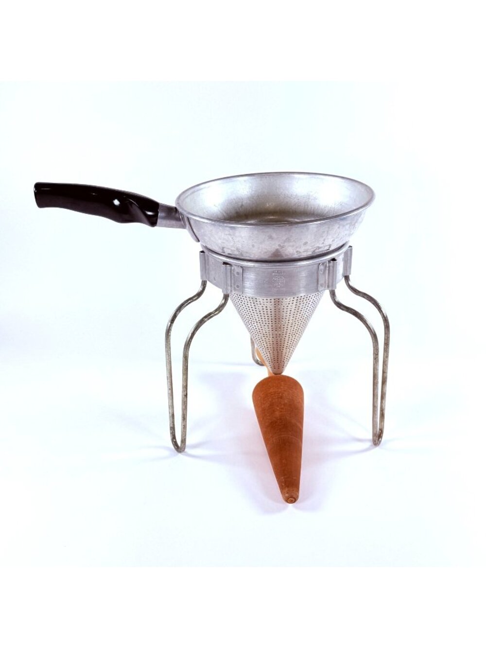 Vintage Aluminum Wear-Ever Sieve Cone Strainer Wood Pestle w/ Stand Canning